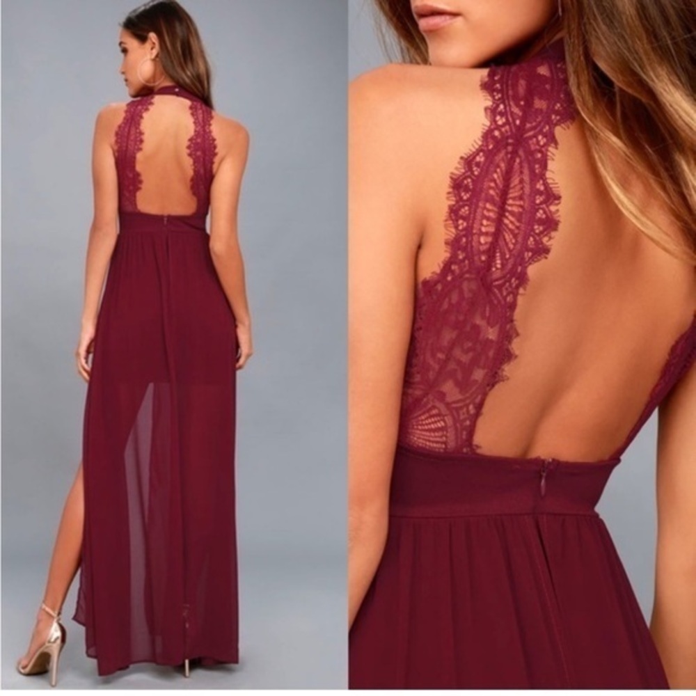 Lulus My Beloved Burgundy Lace Maxi Dress Cranberry Halter Bridesmaid Red Medium